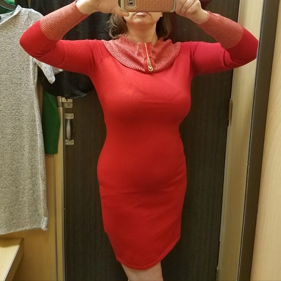 Say What? Dresses & Skirts - EUC Say What? Bright Red Knit Bodycon Dress Metallic Trim Faux Zipper Cowl Neck